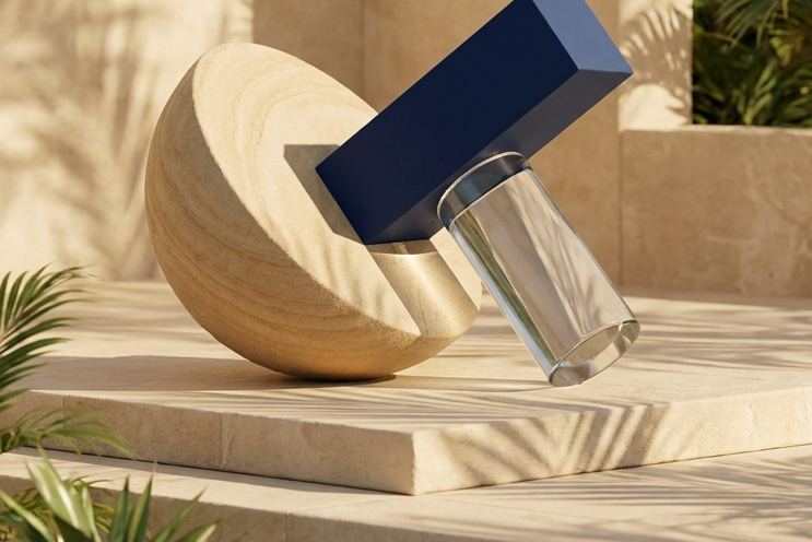 A carved stone sphere, a dark block and a glass cylinder on a travertine plinth
